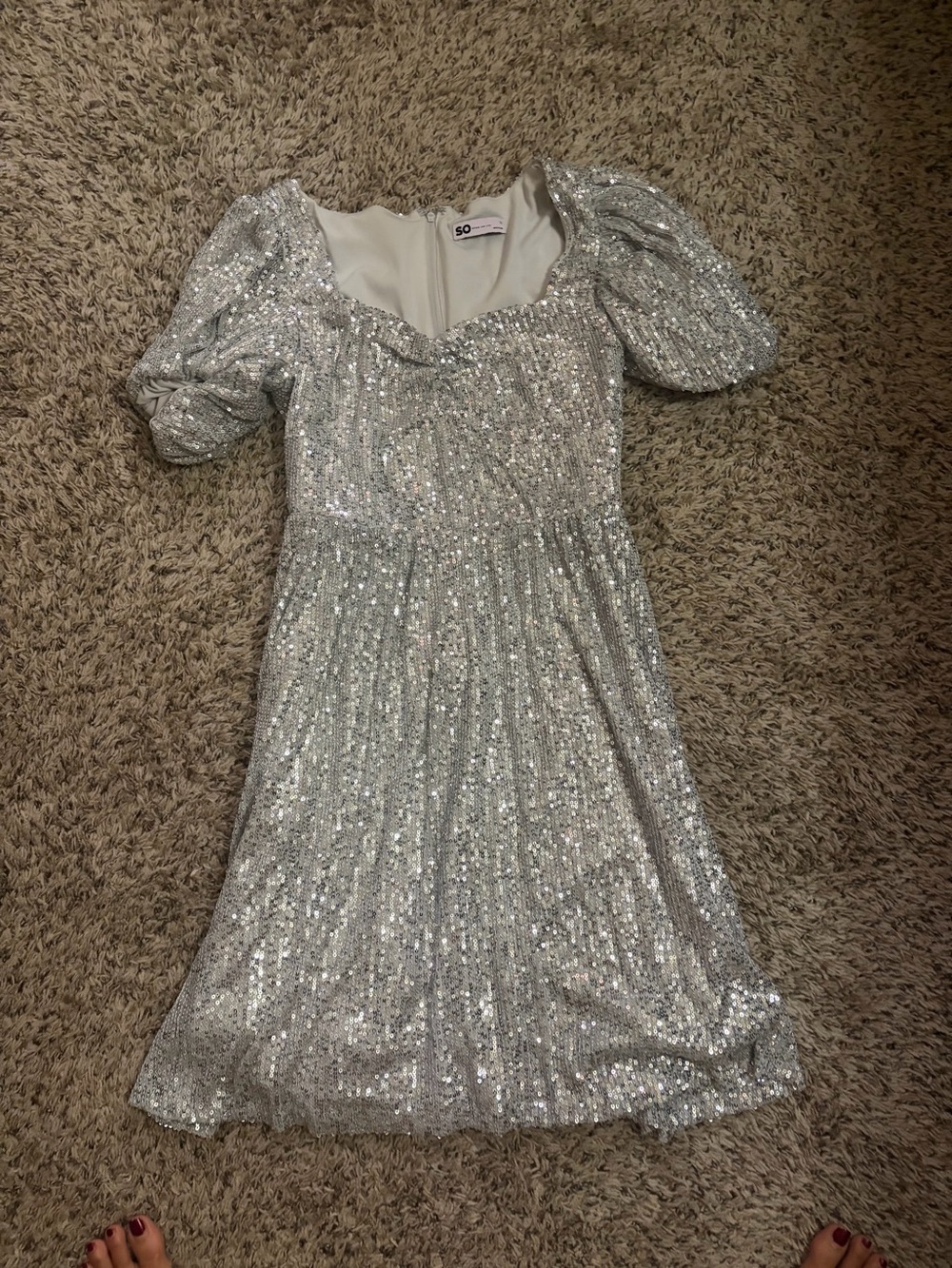 SO Silver Sequin Puff-Sleeve Dress